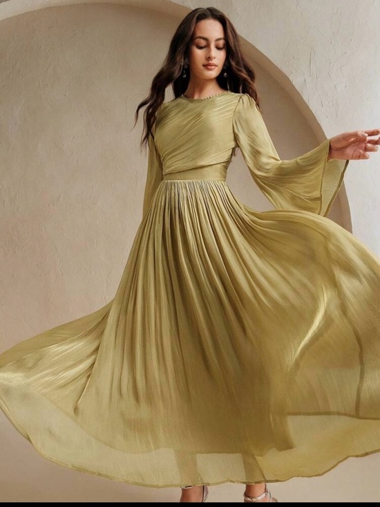 Anewsta Dresses & Skirts - Olive Green Pleated Long-Sleeve Midi Dress